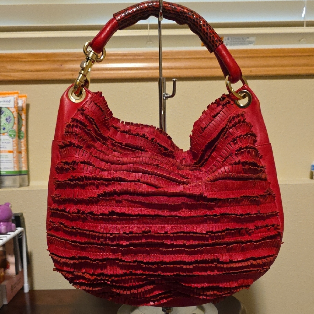 Jimmy Choo Red Hobo Bag With Python Snake Skin Handel With COA